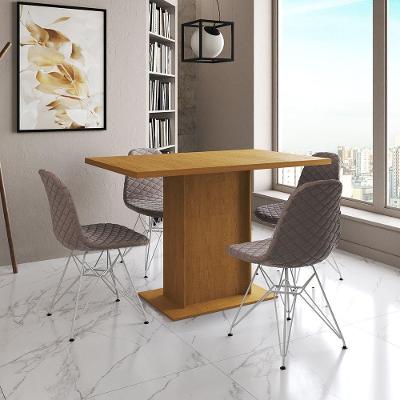 Mesa Jantar Londres Tampo Canela 120Cm 4 Cadeiras Ferro Branco Estofado Nude Médio