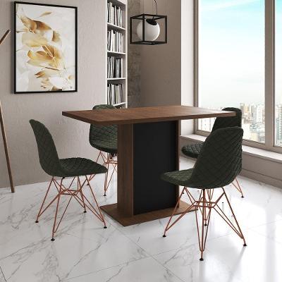 Mesa Jantar Londres Tampo Amêndoa 120Cm Base Preta 4 Cadeiras Base Cobre Estofado Verde