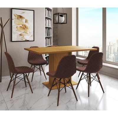 Mesa Jantar Londres Retangular Canela 137X90Cm 6 Cadeiras Estofadas Caramelo Madeira