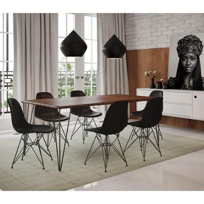Conjunto De Mesa De Ferro Preto Tampo Amêndoa 135X75 6 Cadeiras Preta Assento Preto