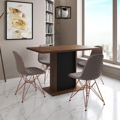 Mesa Jantar Londres Tampo Amêndoa 120Cm Base Preta 4 Cadeiras Base Cobre Estofado Nude Médio