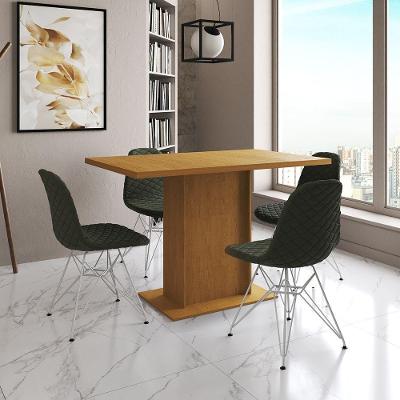 Mesa Jantar Londres Tampo Canela 120Cm 4 Cadeiras Ferro Branco Estofado Verde