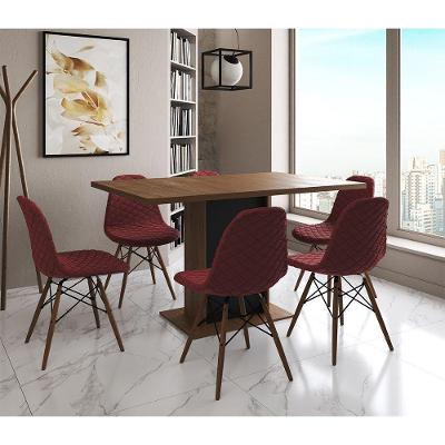 Mesa Jantar Londres Retangular Amêndoa 137X90 Base Preta 6 Cadeiras Estofadas Vermelho Madeira