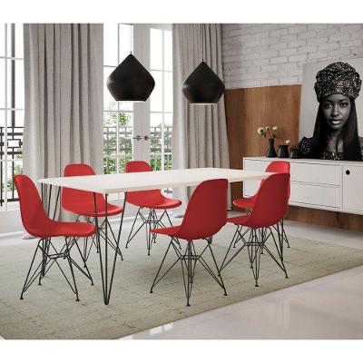 Conjunto De Mesa De Ferro Preto Tampo Branco 135X75 6 Cadeiras Preta Assento Vermelho