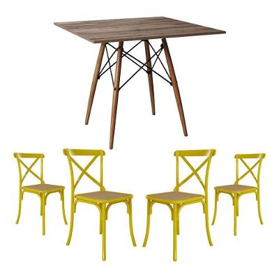 Jogo De Mesa Eiffel Quadrado Tampo De Madeira 90Cm Amêndoa Com 4 Cadeiras Katrina Amarelao Be