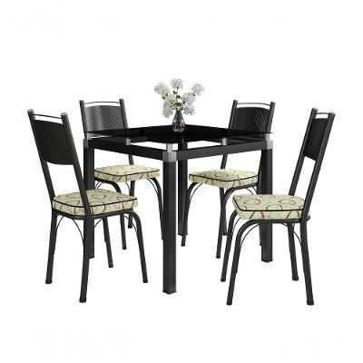 Conjunto De Mesa Tubular Malva Com 4 Cadeiras 151 Tampo De Vidro 75Cm Preto Assento Cedro Artefamol