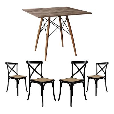 Jogo De Mesa Eiffel Quadrado Tampo De Madeira 90Cm Amêndoa Com 4 Cadeiras Katrina Pretoo Bege