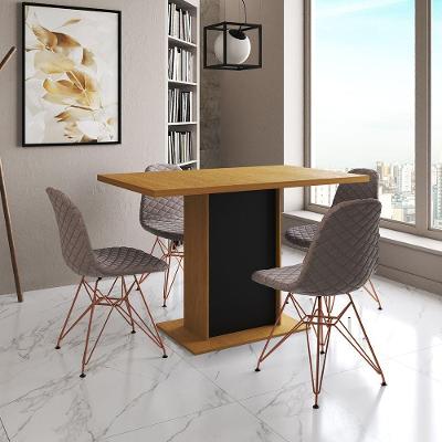 Mesa Jantar Londres Tampo Canela 120Cm Base Preta 4 Cadeiras Base Cobre Estofado Nude Médio