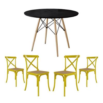 Jogo De Mesa Eiffel Redondo Tampo De Madeira 90Cm Preto Com 4 Cadeiras Katrina Amarela Assento Bege