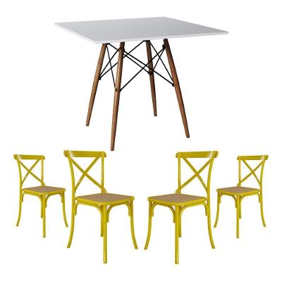 Jogo De Mesa Eiffel Quadrado Tampo De Madeira 90Cm Branco Com 4 Cadeiras Katrina Amarelao Beg