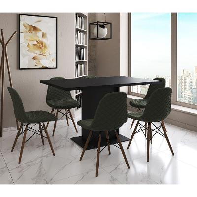 Mesa Jantar Londres Retangular Preta 137X90Cm 6 Cadeiras Estofadas Verde Madeira