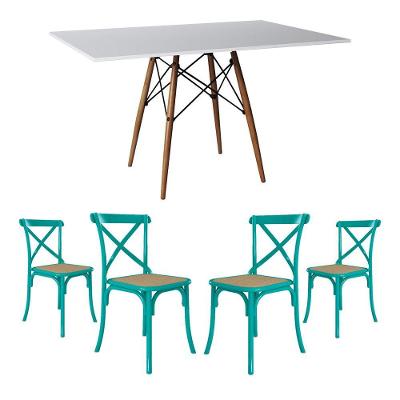 Jogo De Mesa Eiffel Retangular Tampo De Madeira 120X75Cm Branco Com 4 Cadeiras Katrina Azul Turquesa