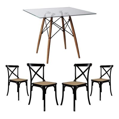 Conjunto De Mesa Eiffel Quadrado Tampo De Vidro 110Cm Com 4 Cadeiras Katrina Preto Assento Bege