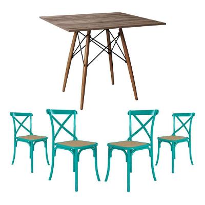 Jogo De Mesa Eiffel Quadrado Tampo De Madeira 90Cm Amêndoa Com 4 Cadeiras Katrina Azul Turquesa