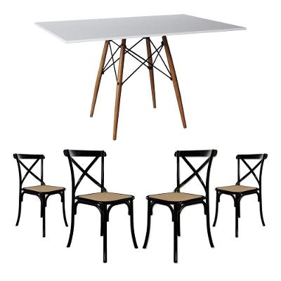 Jogo De Mesa Eiffel Retangular Tampo De Madeira 120X75Cm Branco Com 4 Cadeiras Katrina Pretoo