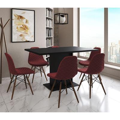 Mesa Jantar Londres Retangular Preta137X90Cm 6 Cadeiras Estofadas Vermelho Madeira