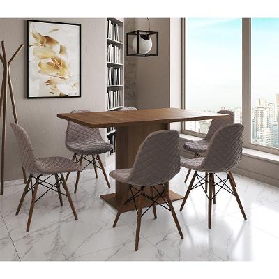 Mesa Jantar Londres Retangular Amêndoa 137X90Cm 6 Cadeiras Estofadas Nude Médio Madeira