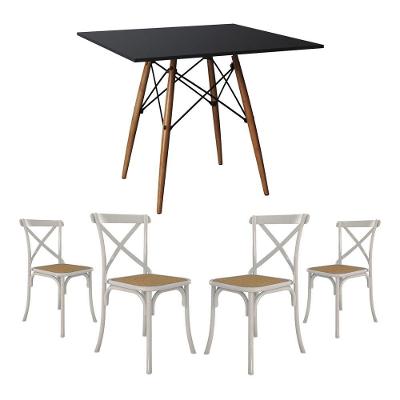 Jogo De Mesa Eiffel Quadrado Tampo De Madeira 90Cm Preto Com 4 Cadeiras Katrina Branca Assento Bege
