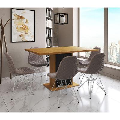 Mesa Jantar Londres Retangular Canela 137X90 Base Preta 6 Cadeiras Estofadas Nude Médio Ferro Branco