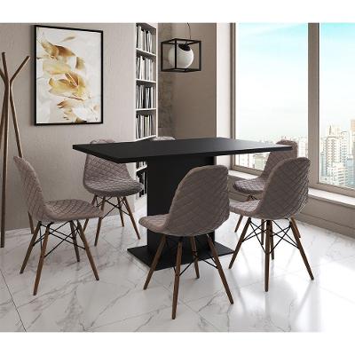 Mesa Jantar Londres Retangular Preta 137X90Cm 6 Cadeiras Estofadas Nude Médio Madeira