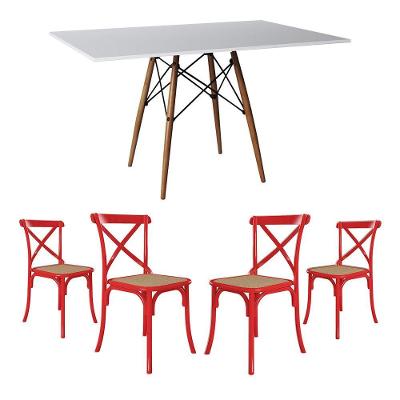 Jogo De Mesa Eiffel Retangular Tampo De Madeira 120X75Cm Branco Com 4 Cadeiras Katrina Vermelha