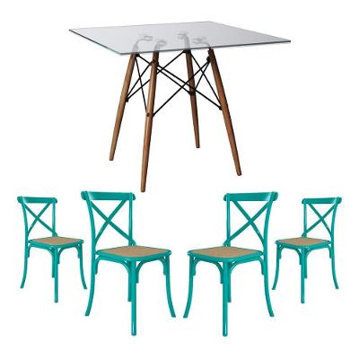 Jogo De Mesa Eiffel Quadrado Tampo De Vidro 110Cm Com 4 Cadeiras Katrina Azul Turquesa Assento Bege