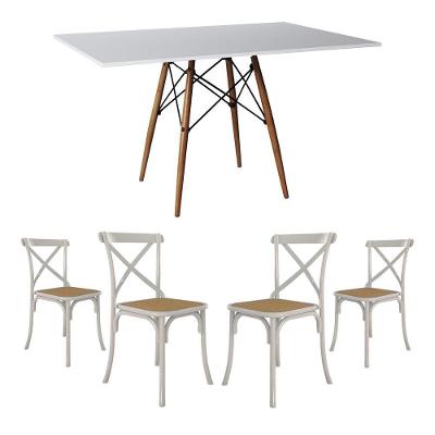 Jogo De Mesa Eiffel Retangular Tampo De Madeira 120X75Cm Branco Com 4 Cadeiras Katrina Branca