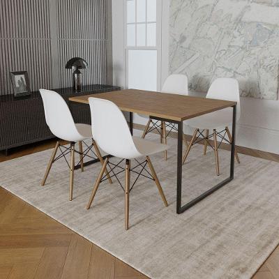 Mesa Industrial Base De Ferro Preto 137X90 Tampo Amêndoa 4 Cadeiras Eiffel Madeira Assento Branco