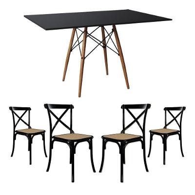 Jogo De Mesa Eiffel Retangular Tampo De Madeira 120X75Cm Preto Com 4 Cadeiras Katrina Preto Assento