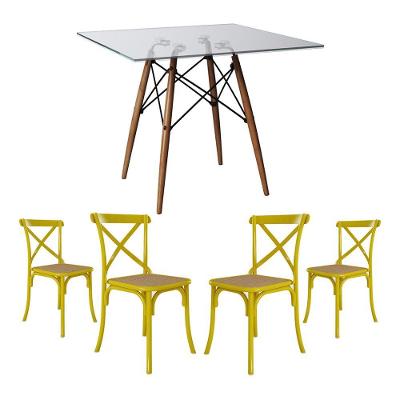 Conjunto De Mesa Eiffel Quadrado Tampo De Vidro 110Cm Com 4 Cadeiras Katrina Amarela Assento Bege
