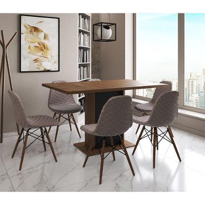 Mesa Jantar Londres Retangular Amêndoa 137X90 Base Preta 6 Cadeiras Estofadas Nude Médio Madeira