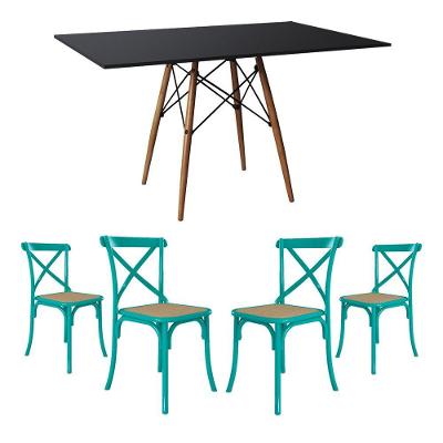 Jogo De Mesa Eiffel Retangular Tampo De Madeira 120X75Cm Preto Com 4 Cadeiras Katrina Azul Turquesa