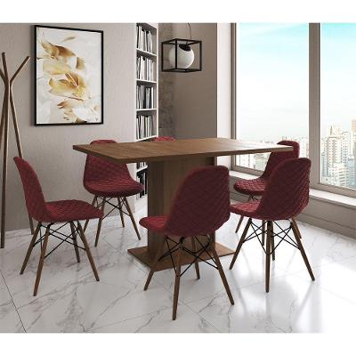 Mesa Jantar Londres Retangular Amêndoa 137X90Cm 6 Cadeiras Estofadas Vermelho Madeira