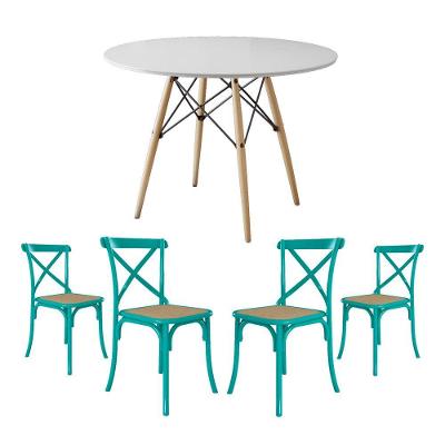 Jogo De Mesa Eiffel Redondo Tampo De Madeira 110Cm Branco Com 4 Cadeiras Katrina Azul Turquesa