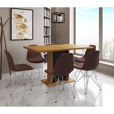 Mesa Jantar Londres Retangular Canela 137X90 Base Preta 6 Cadeiras Estofadas Caramelo Ferro Branco
