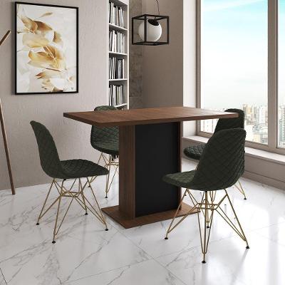 Mesa Jantar Londres Tampo Amêndoa 120Cm Base Preta 4 Cadeiras Base Dourado Estofado Verde