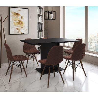 Mesa Jantar Londres Retangular Preta 137X90Cm 6 Cadeiras Estofadas Caramelo Madeira