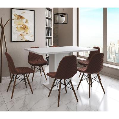 Mesa Jantar Londres Retangular Branca 137X90 6 Cadeiras Estofadas Caramelo Madeira