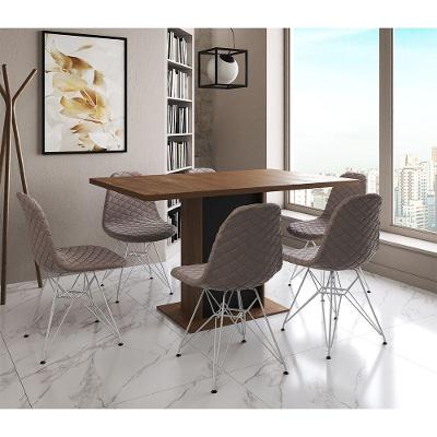 Mesa Jantar Londres Retangular Amêndoa 137X90 Base Preta 6 Cadeiras Estofadas Nude Médio Ferro Branc