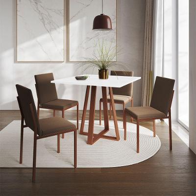 Conjunto De Jantar Mesa 90Cm Branca Com 4 Cadeiras Estofadas Marrom Base Cobre - Preto