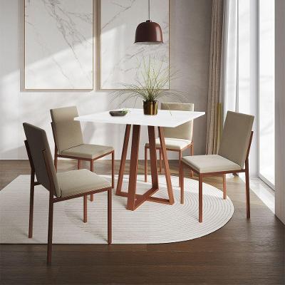 Conjunto De Jantar Mesa 90Cm Branca Com 4 Cadeiras Estofadas Bege Base Cobre - Preto