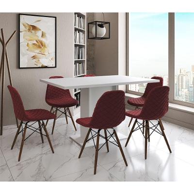 Mesa Jantar Londres Retangular Branca 137X90 6 Cadeiras Estofadas Vermelho Madeira