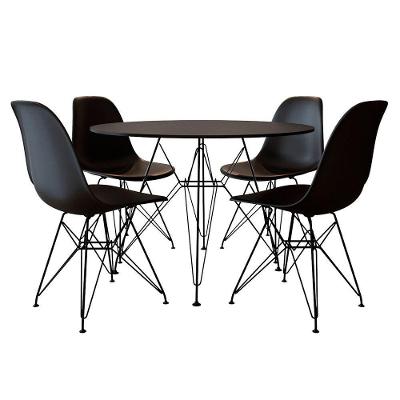 Mesa Jantar Eames De Ferro Preto Tampo Redondo 90Cm Preto 4 Cadeiras Preta