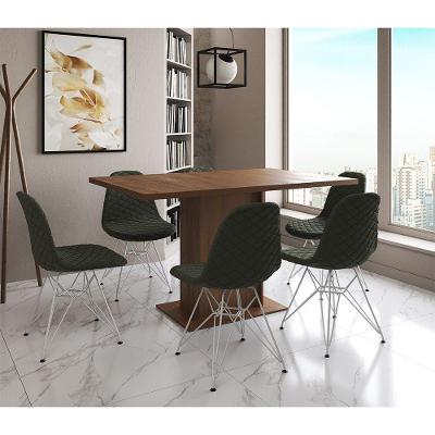 Mesa Jantar Londres Retangular Amêndoa 137X90Cm 6 Cadeiras Estofadas Verde Ferro Branco