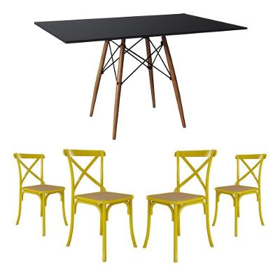 Conjunto De Mesa Eiffel Retangular Tampo De Madeira 120X75Cm Preto Com 4 Cadeiras Katrina Amarela