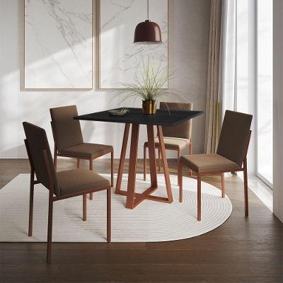 Conjunto De Jantar Mesa Mônaco 90Cm Tampo Preto Com 4 Cadeiras Marrom Base Cobre - Cor: Preto