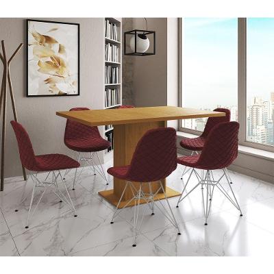 Mesa Jantar Londres Retangular Canela 137X90Cm 6 Cadeiras Estofadas Vermelho Ferro Branco