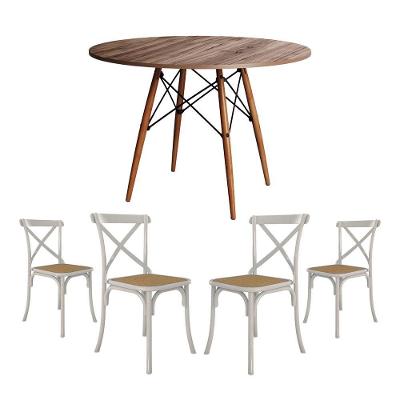 Conjunto De Mesa Eiffel Redondo Tampo De Madeira 90Cm Amêndoa Com 4 Cadeiras Katrina Branca Assento