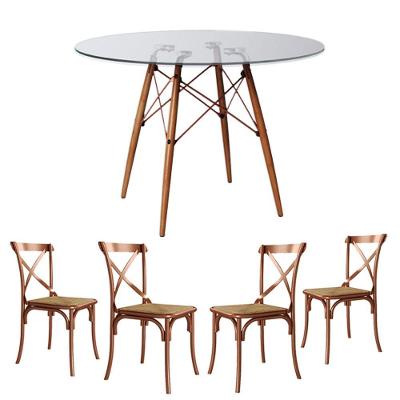 Jogo De Mesa Eiffel Redondo Tampo De Vidro 110Cm Com 4 Cadeiras Katrina Cobre Assento Corano Bege
