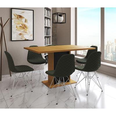 Mesa Jantar Londres Retangular Canela 137X90 Base Preta 6 Cadeiras Estofadas Verde Ferro Branco